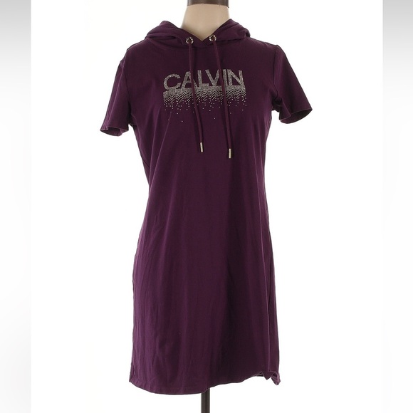 Calvin Klein Size Large Dark Plum Purple Hooded Pullover Sweatshirt Dress - Picture 1 of 6